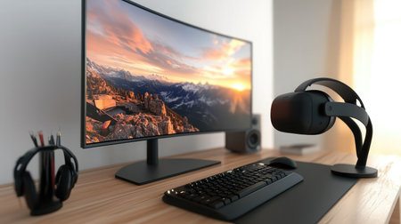 AR headset placed on a minimalist desk beside a high-end computer setup.の素材