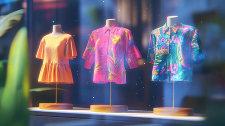 AR-enabled shopping app displaying virtual clothing items overlaid on a mannequin.の素材