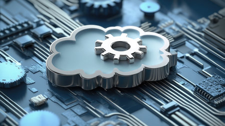 A cloud icon with a gear symbol, representing cloud automation.の素材