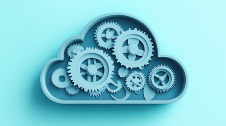 A cloud icon with interconnected gears inside, representing cloud computing processes.の素材