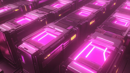 A futuristic data center with rows of illuminated server racks connected by glowing lines, symbolizing cloud connectivity.の素材