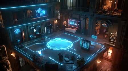 A digital cloud connected to various IoT devices via glowing lines, illustrating cloud-based IoT integration.の素材