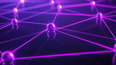 A network of clouds connected by glowing lines over a dark background, illustrating cloud networking.の素材