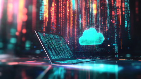 A sleek laptop displaying a holographic cloud icon with binary code streaming into it, representing data upload.の素材
