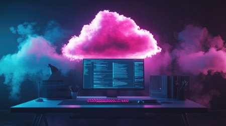 A futuristic workspace with holographic cloud interfaces floating above a minimalist desk.の素材