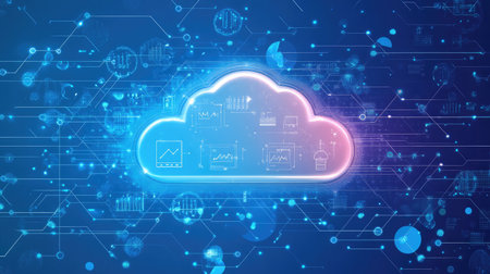 A futuristic interface displaying cloud deployment options and configurations.の素材