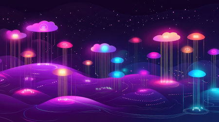 A futuristic data center with rows of illuminated server racks connected by glowing lines, symbolizing cloud connectivity.の素材