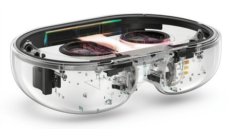 Close-up of an AR device's adjustable lens mechanism, showcasing customization options.の素材