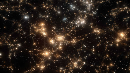 A network of clouds connected by glowing lines over a dark background, illustrating cloud networking.の素材