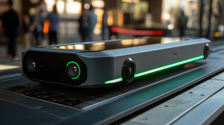 Close-up of an AR device's external sensors and cameras, showcasing advanced tracking technology.の素材