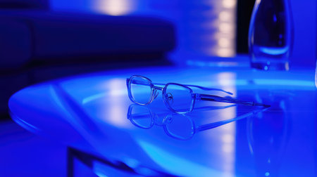 Close-up of AR glasses resting on a sleek, modern table, illuminated by ambient lighting.の素材