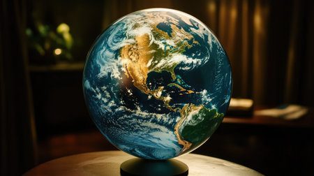 Close-up of a holographic globe displaying real-time environmental data analytics.の素材