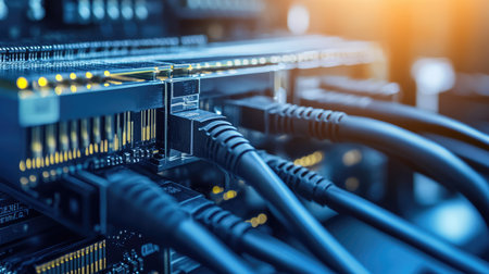Close-up of a computer motherboard with highlighted circuits and data pathways, symbolizing data processing.の素材