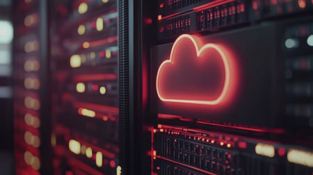 Close-up of a server rack with a translucent cloud overlay, indicating cloud storage.の素材