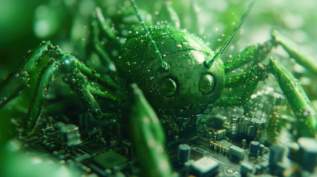 Close-up of a nanobot assembling microscopic components on a circuit board.の素材