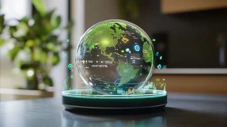 Close-up of a holographic globe displaying real-time environmental data analytics.の素材