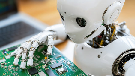 Close-up of a nanobot assembling microscopic components on a circuit board.の素材