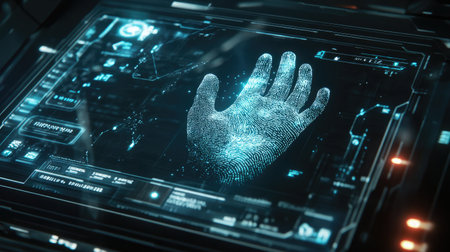 Close-up of a biometric security scanner analyzing a fingerprint with holographic effects.の素材