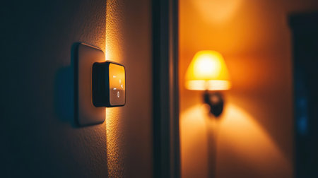 Close-up of a smart light switch with touch controls and wireless connectivity.の素材