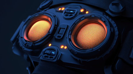 Close-up of a VR headset's external sensors and cameras, showcasing advanced tracking technology.の素材