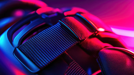 Close-up of a VR headset's adjustable straps and cushioning, highlighting ergonomic design.の素材