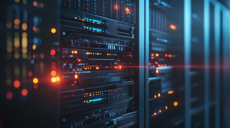 Close-up of spinning hard drives in a server, representing data storage in motion.の素材