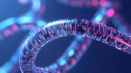 Close-up of fiber optic cables transmitting data as pulses of light, representing high-speed data transfer.の素材