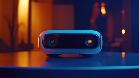 Close-up of a VR headset resting on a sleek, modern table, illuminated by ambient lighting.の素材