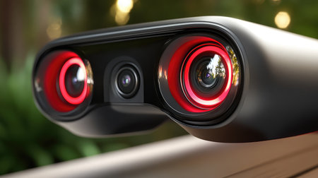 Close-up of a VR headset's external sensors and cameras, showcasing advanced tracking technology.の素材