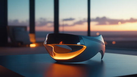 Close-up of a VR headset resting on a sleek, modern table, illuminated by ambient lighting.の素材