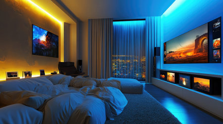 Connected home entertainment system with smart TVs, speakers, and streaming devices.の素材