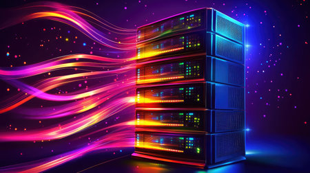 Futuristic data center with illuminated server racks and flowing data streams represented by glowing lines.の素材
