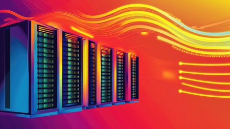 Futuristic data center with illuminated server racks and flowing data streams represented by glowing lines.の素材