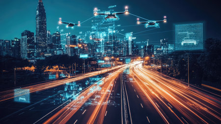 Futuristic cityscape at night with glowing holographic advertisements and flying vehicles.の素材