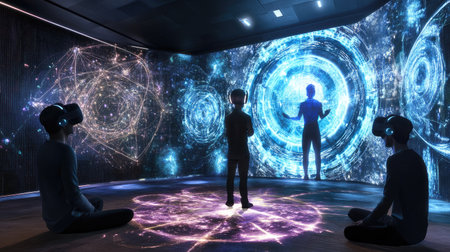 Virtual reality concert stage with dynamic lighting, holographic performers, and an energetic atmosphere.の素材