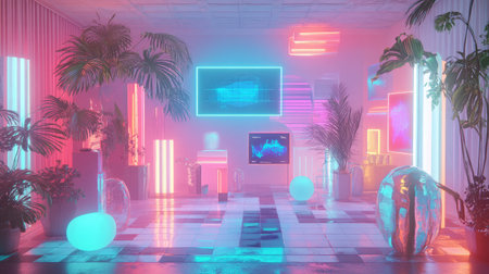 Futuristic room with holographic interfaces projecting D models and data visualizations.の素材