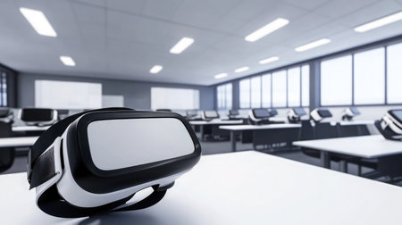 Virtual reality startup office with VR equipment, whiteboards, and collaborative workspaces.の素材