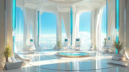 Futuristic smart home interior with integrated AI assistants and automated systems.の素材