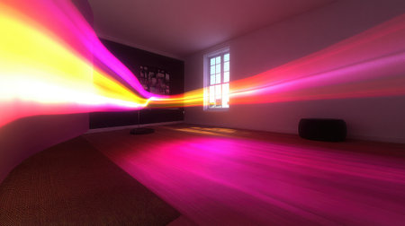 Futuristic room with holographic interfaces projecting D models and data visualizations.の素材