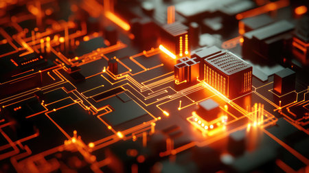 High-angle view of a cityscape overlaid with glowing data nodes and connecting lines, indicating urban data networks.の素材