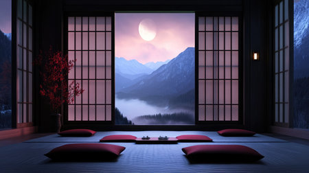 VR meditation space with calming virtual environments and ambient soundscapes.の素材