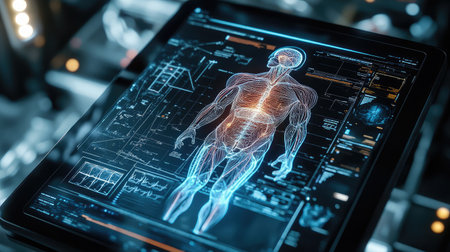 Futuristic medical scanner displaying a D holographic image of human anatomy.の素材