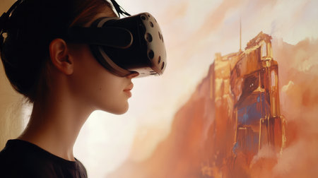 Virtual reality art studio with digital canvases, stylus pens, and D sculpting tools.の素材