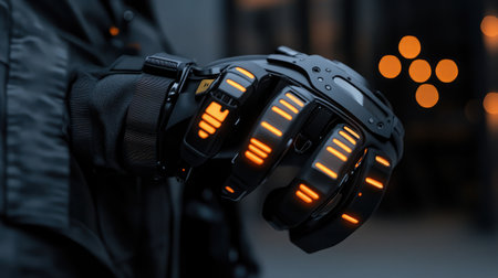 VR gloves resting on a charging dock, with LED indicators showing battery levels.の素材
