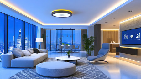 Smart building management system interface displaying connected HVAC, lighting, and security controls.の素材