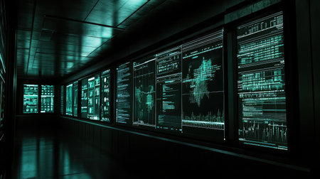 High-tech interface displaying predictive analytics charts and future data trends.の素材