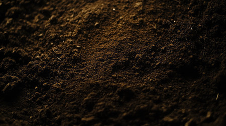 Close-up of a freshly plowed field with rich, dark soil, ready for planting, symbolizing the preparation stage of farming.の素材