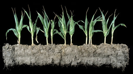 Close-up of a row of young corn plants emerging from the soil, representing new growth and the beginning of the crop cycle.の素材