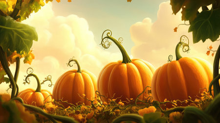 Close-up of a pumpkin patch with large, orange pumpkins nestled among green vines, awaiting harvest under a clear autumn sky.の素材