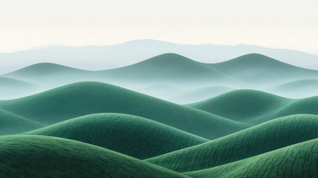 Lush green tea plantation on rolling hills under a misty morning sky, illustrating serene agricultural landscapes.の素材